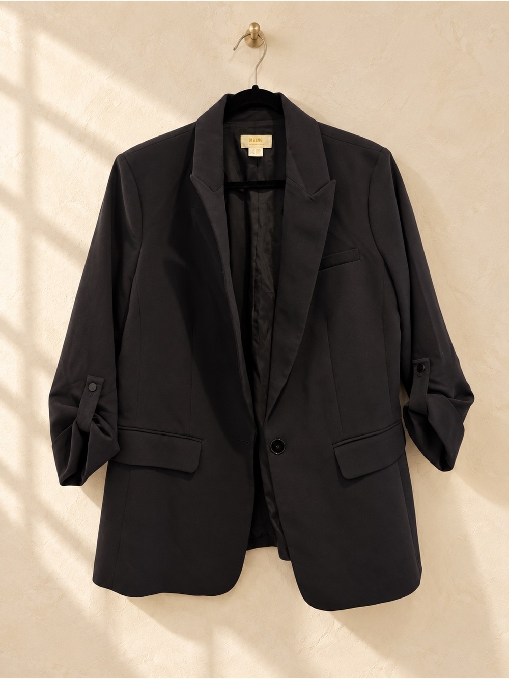 Maeve by Anthropologie Black Roll-Tab Sleeve Tailored Blazer | Size 10 US
